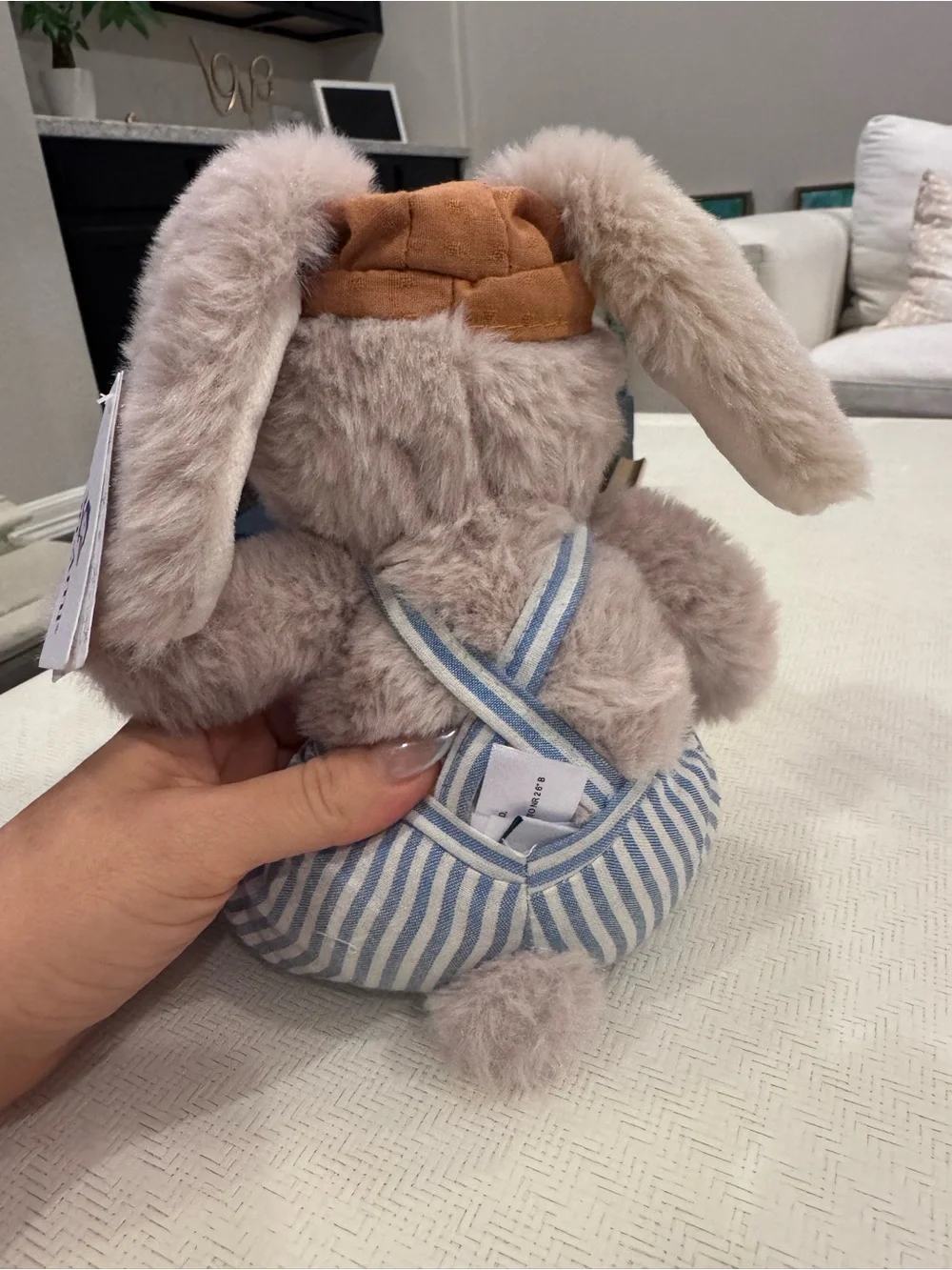 Mon Ami Plush Bunny in Cream with Blue Striped Overalls